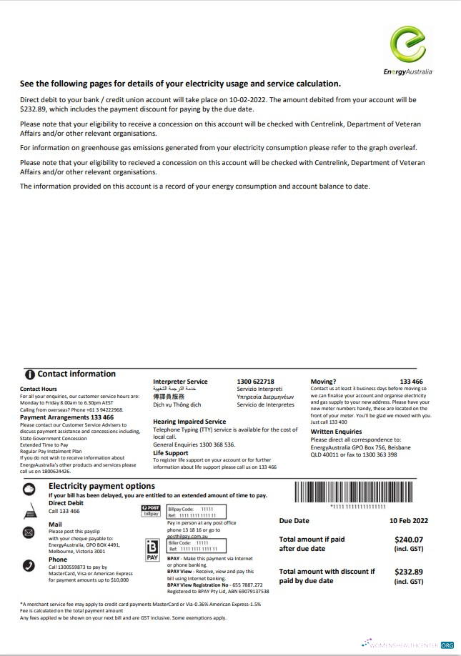 download Australia Energy Australia electricity utility bill template in Word and PDF format, 3 pages 3 PDF template